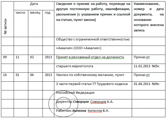 Формулировки записей при увольнении работника